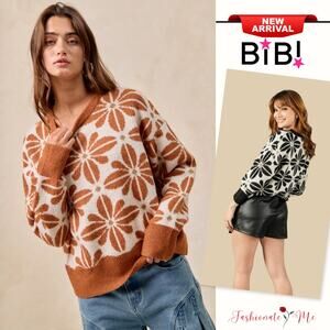 BiBi Flower Pattern Long Sleeves Crew Neck Relaxed Fit Pullover Sweater | Rust